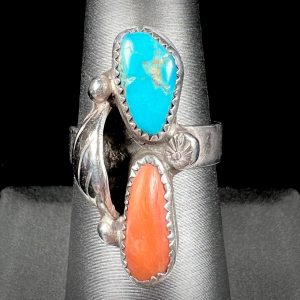Navajo Turquoise & Pink Coral Ring | Sterling Silver | Vintage c.1970's